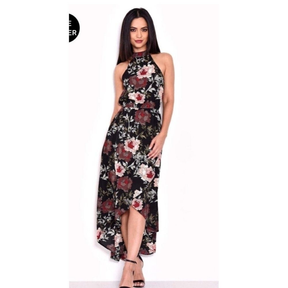 Black Floral Asymmetric Choker Neck Midi Dress Sze M